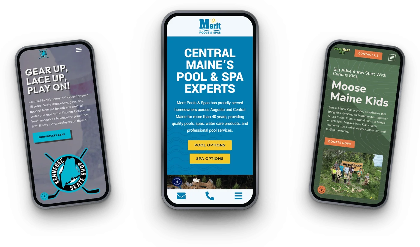 Mobile website designs by NorthView Digital for Kennebec Skate Shop, Merit Pools & Spas and Moose Maine Kids